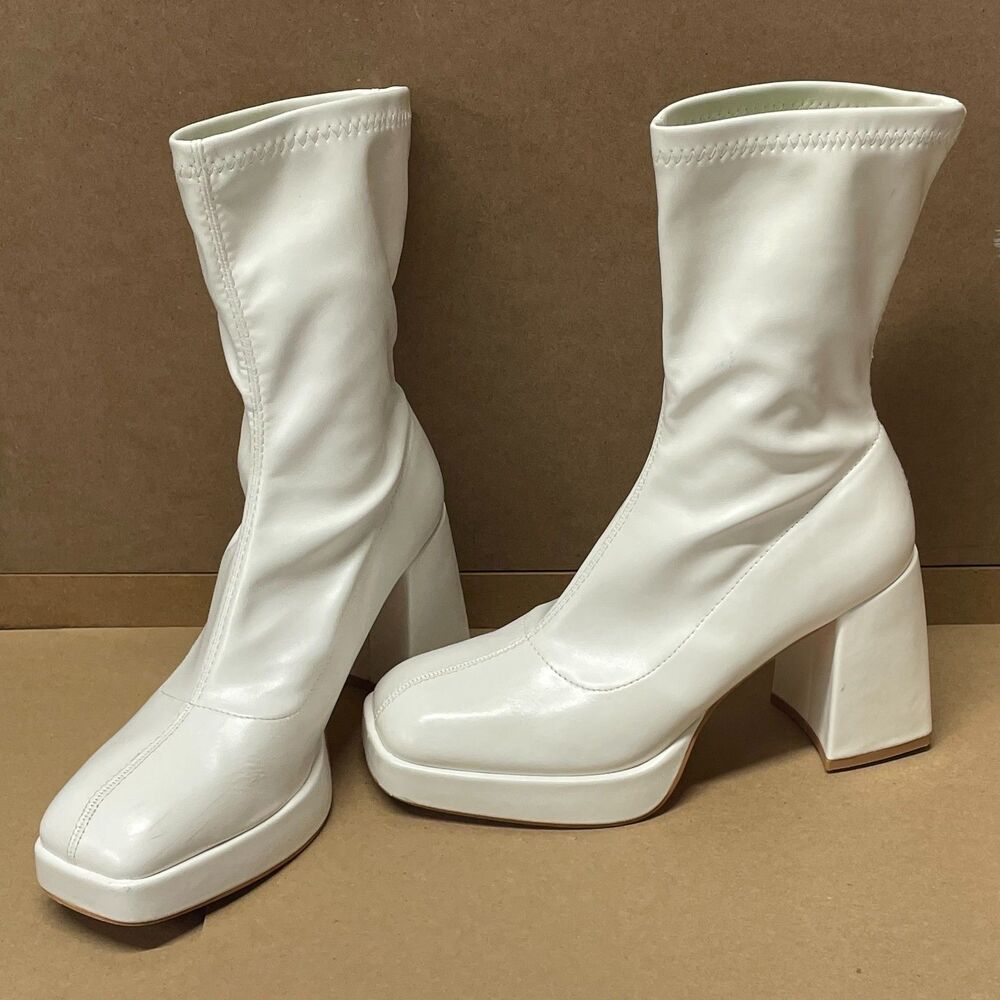 Women's White Platform Sock Boots Chunky Block Heel Square Toe Stretch Size 8